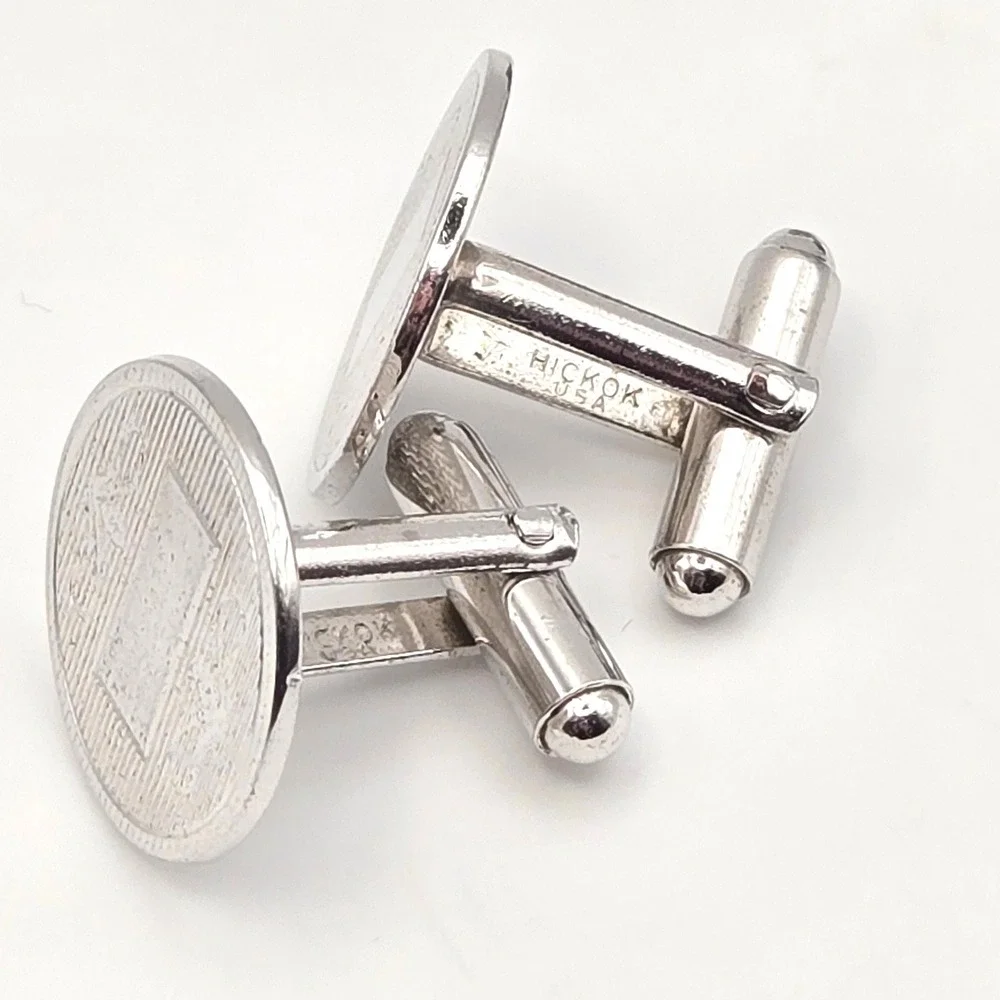 Vintage Silver Tone Cufflinks Set Round Hickok USA Engraved and Square Geometric